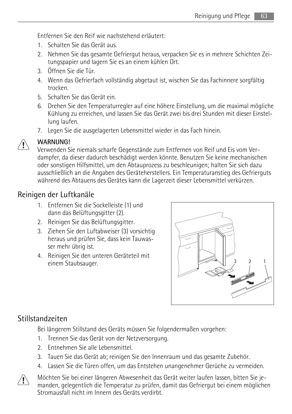 Reinigen der luftkanäle, Stillstandzeiten | AEG SKS68840F1 User Manual | Page 63 / 68