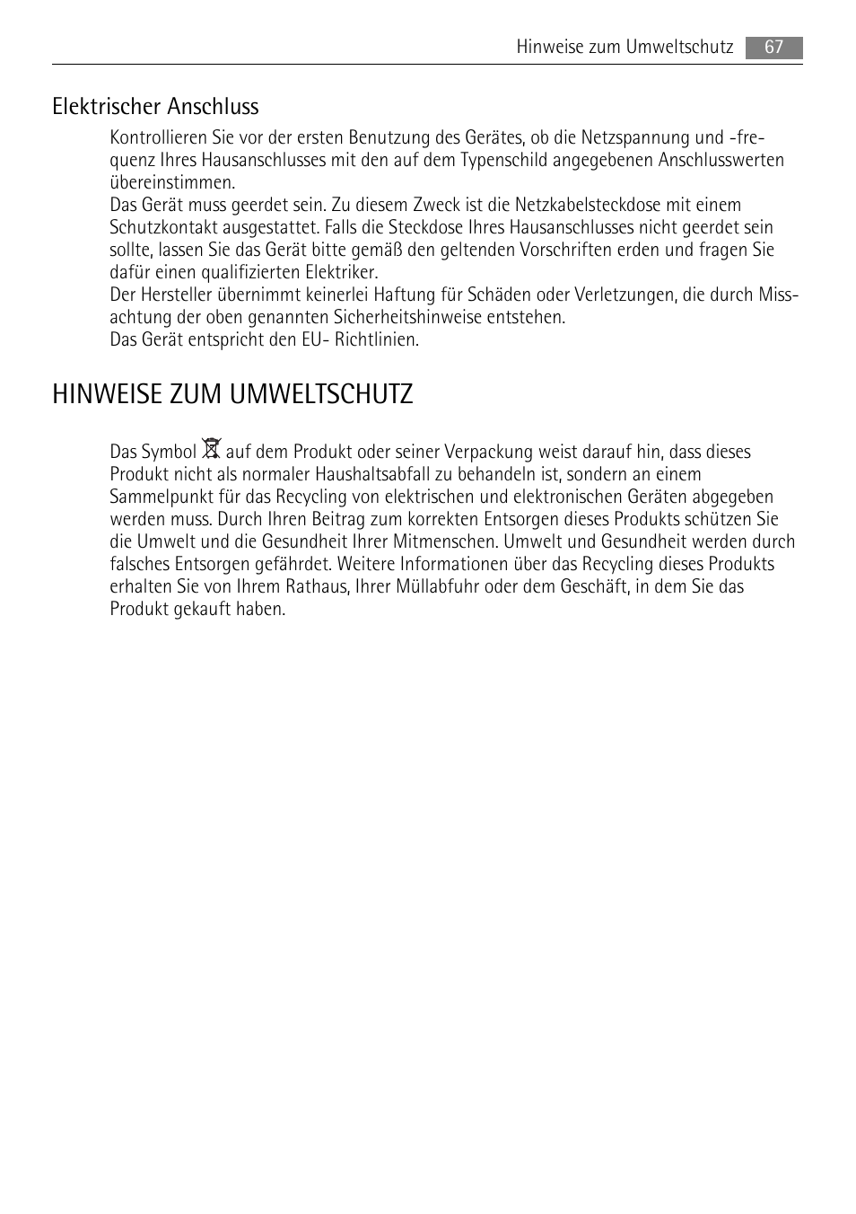 Hinweise zum umweltschutz, Elektrischer anschluss | AEG SKS68840F1 User Manual | Page 67 / 68