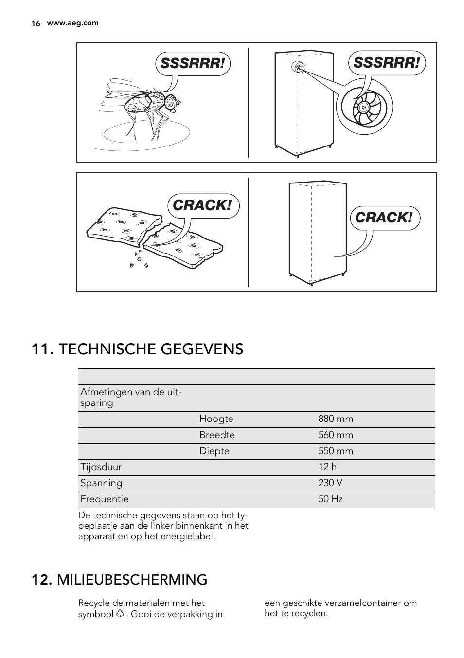 Technische gegevens, Sssrrr, Crack | Milieubescherming | AEG SKS58200F0 User Manual | Page 16 / 64