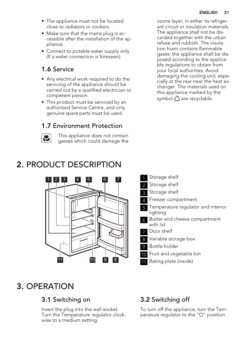 Product description, Operation, 6 service | 7 environment protection, 1 switching on, 2 switching off | AEG SKS58200F0 User Manual | Page 21 / 64