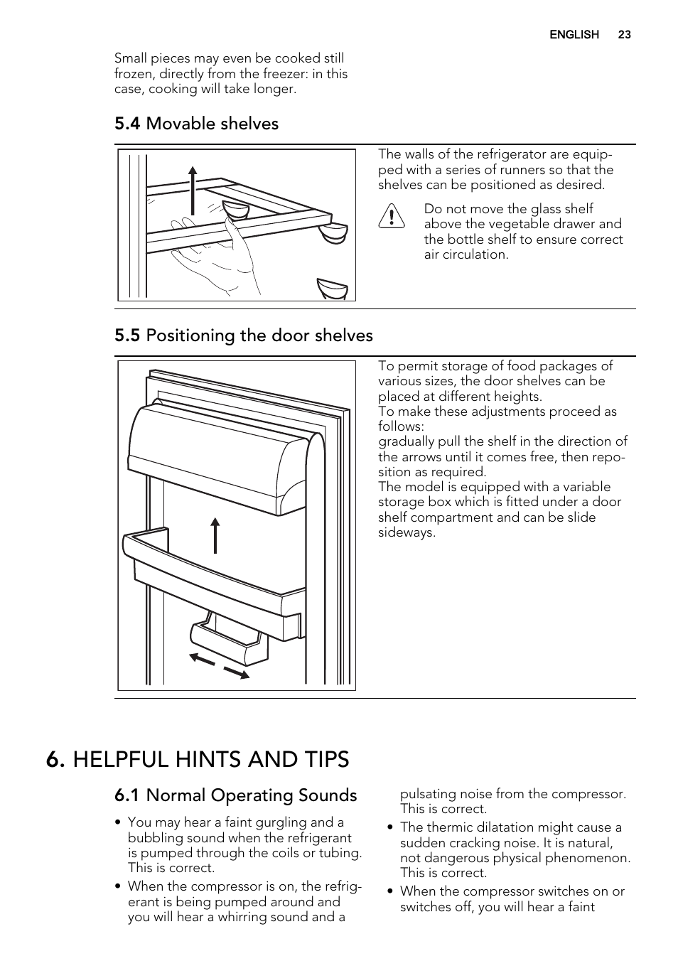 Helpful hints and tips, 4 movable shelves, 5 positioning the door shelves | 1 normal operating sounds | AEG SKS58200F0 User Manual | Page 23 / 64