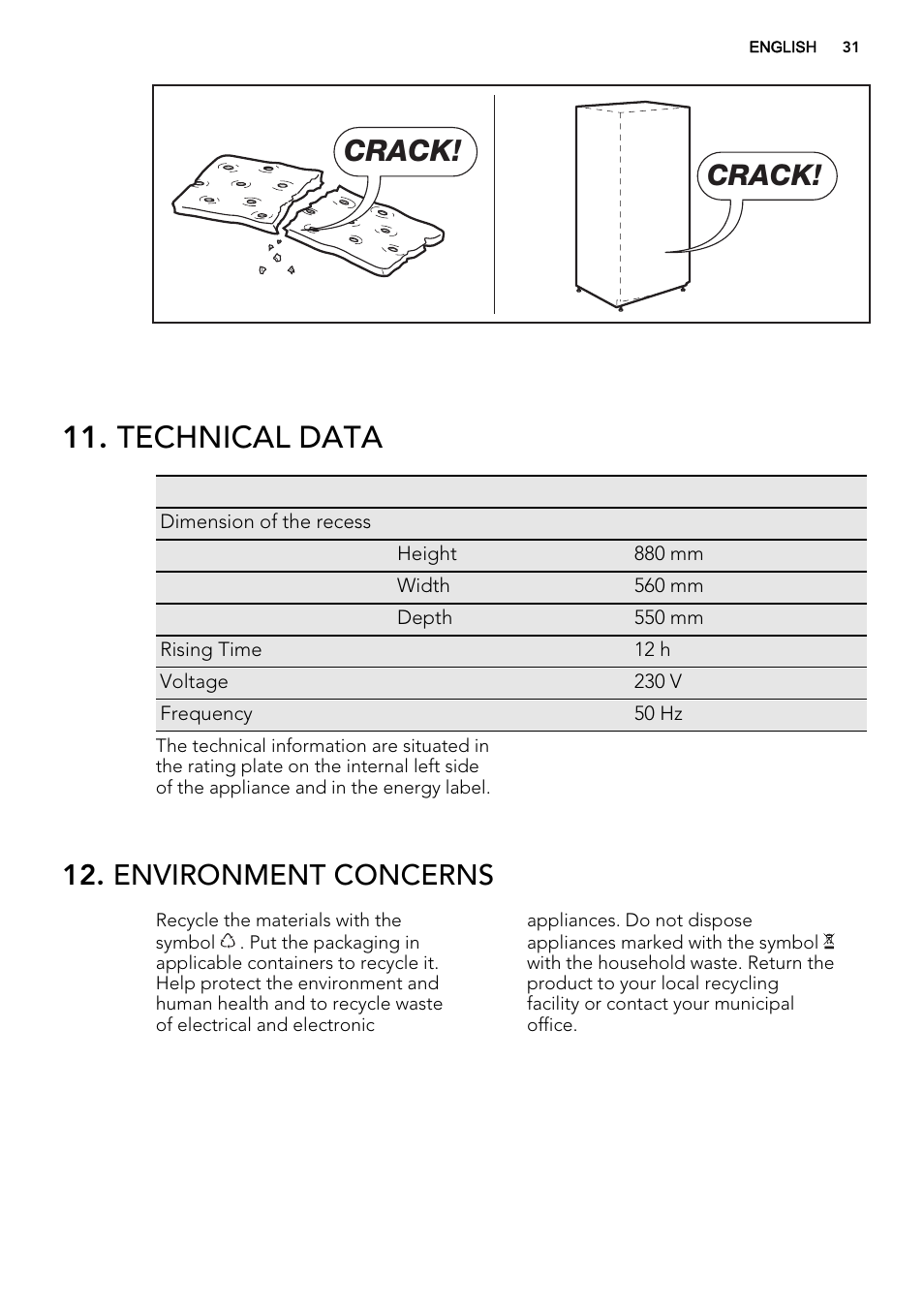 Technical data, Crack, Environment concerns | AEG SKS58200F0 User Manual | Page 31 / 64