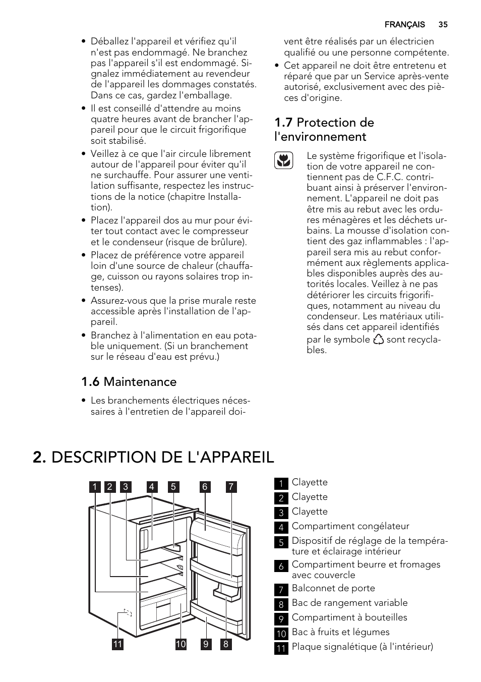 Description de l'appareil, 6 maintenance, 7 protection de l'environnement | AEG SKS58200F0 User Manual | Page 35 / 64