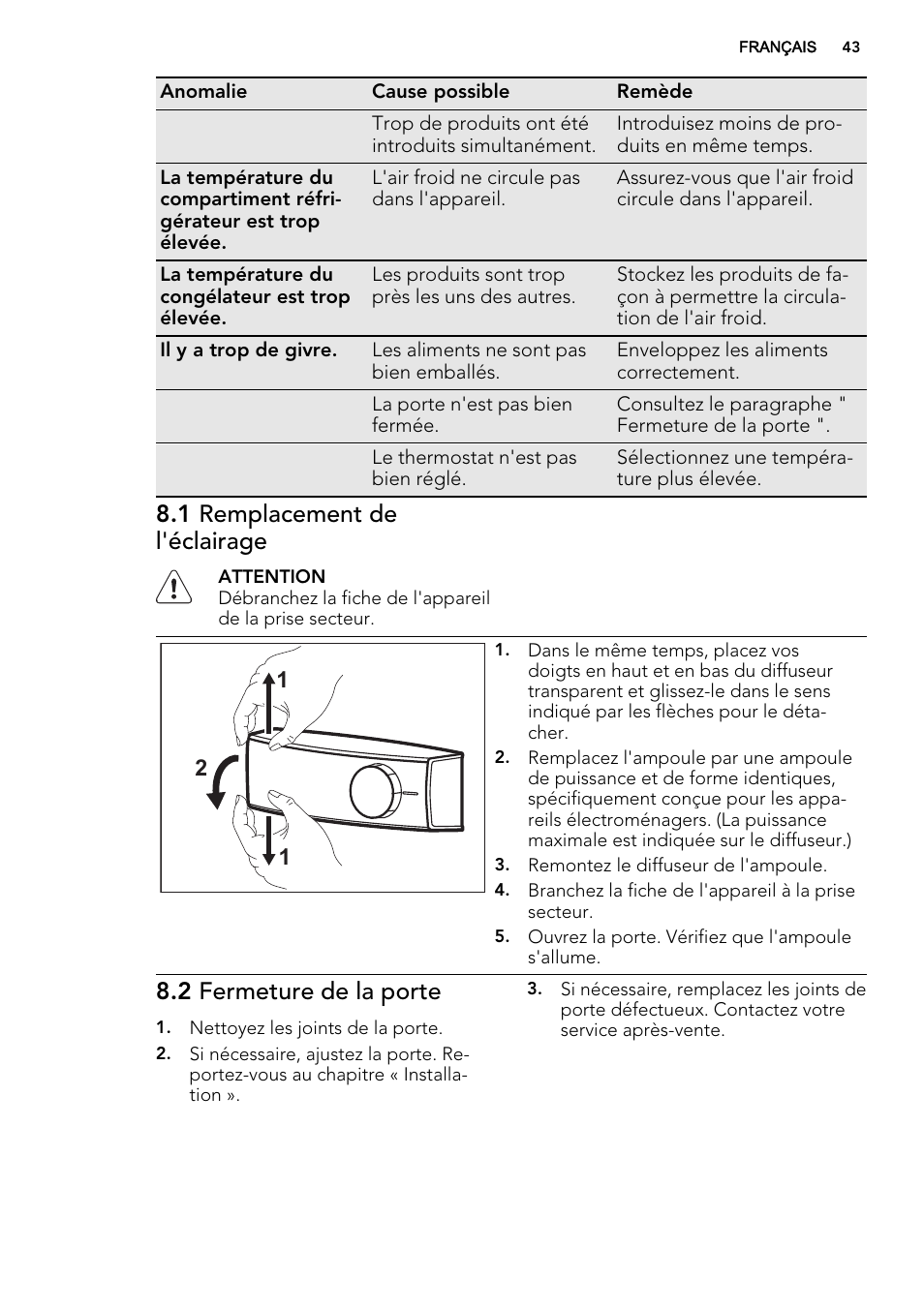 1 remplacement de l'éclairage, 2 fermeture de la porte | AEG SKS58200F0 User Manual | Page 43 / 64