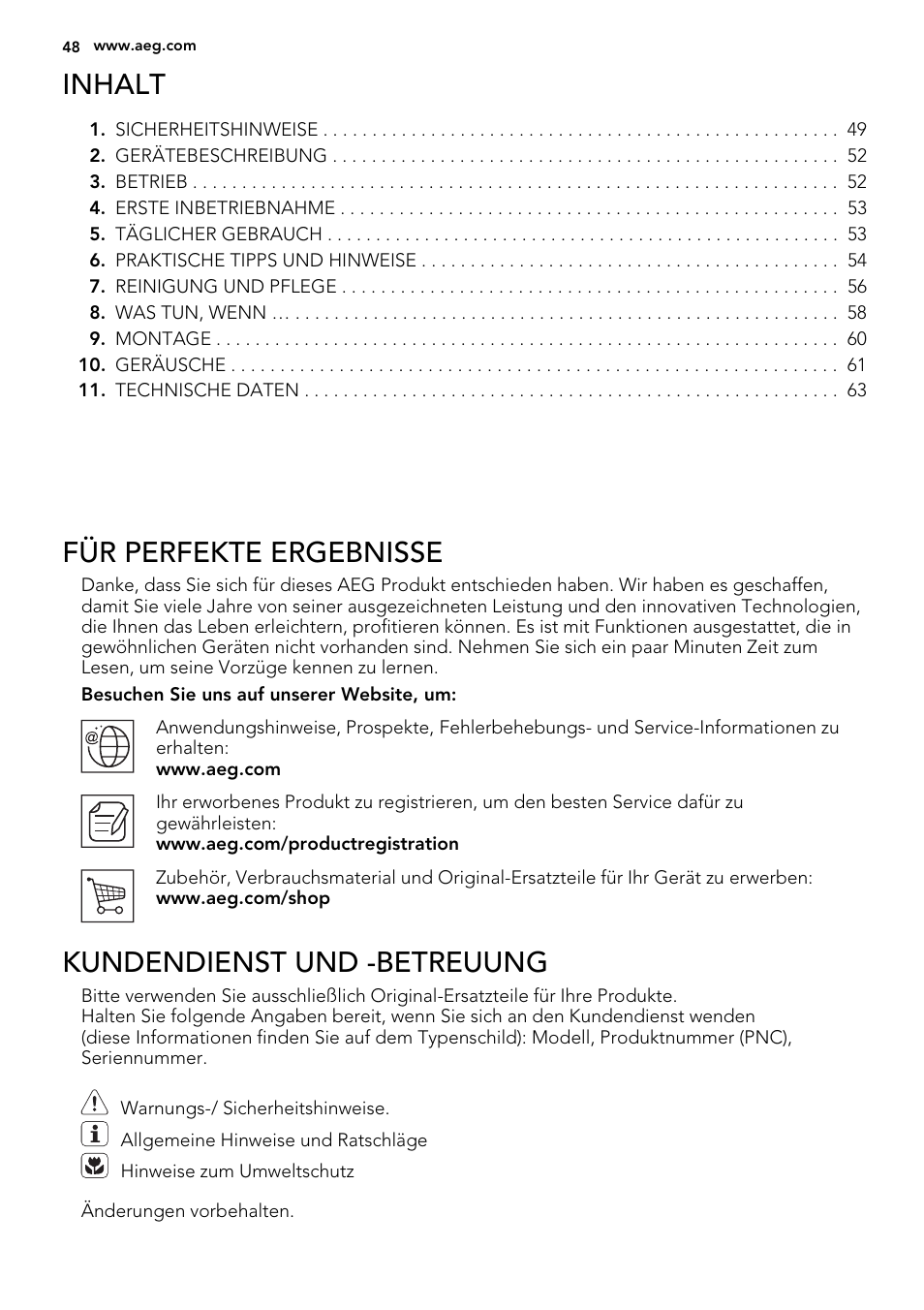 Inhalt, Für perfekte ergebnisse, Kundendienst und -betreuung | AEG SKS58200F0 User Manual | Page 48 / 64