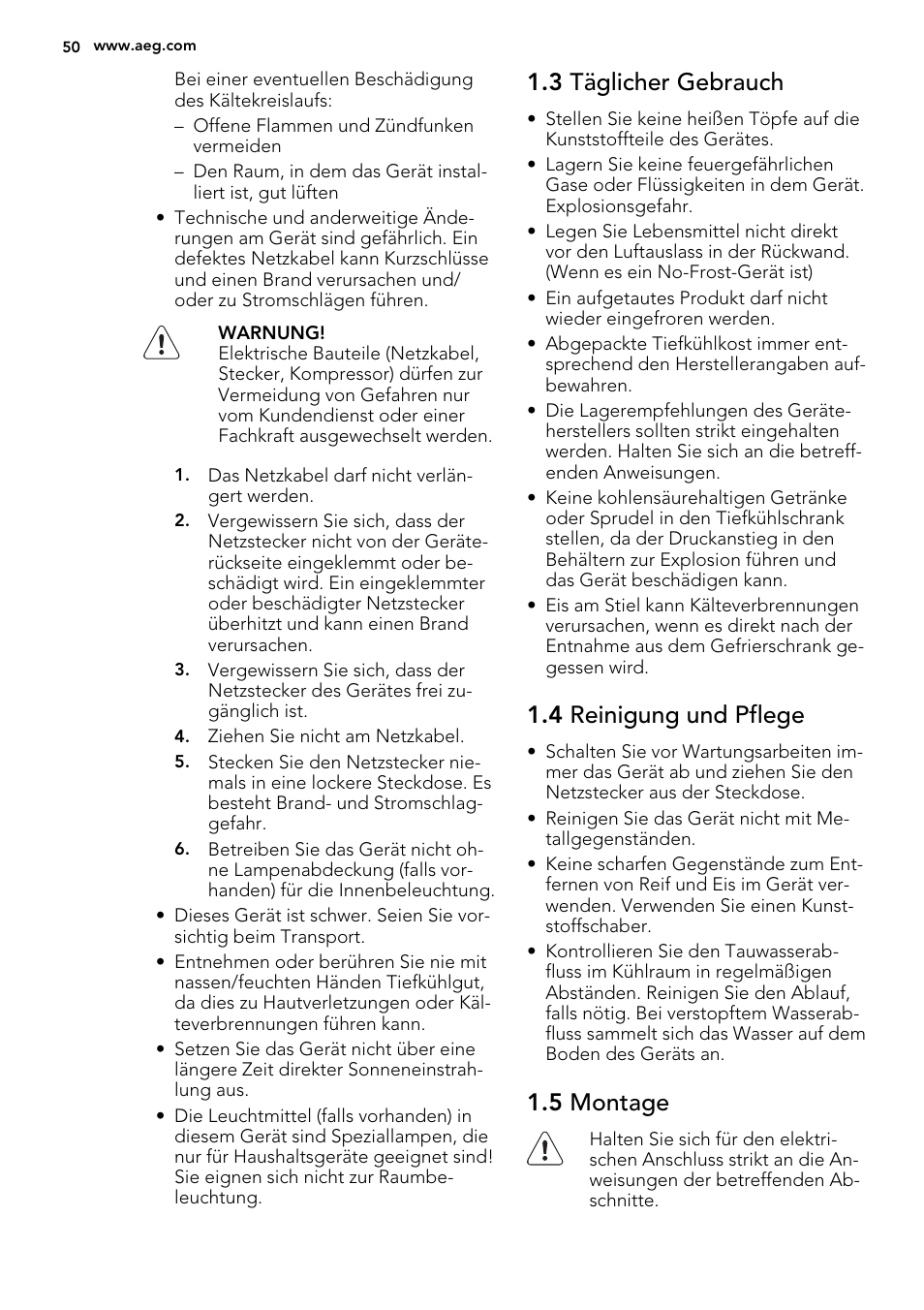 3 täglicher gebrauch, 4 reinigung und pflege, 5 montage | AEG SKS58200F0 User Manual | Page 50 / 64