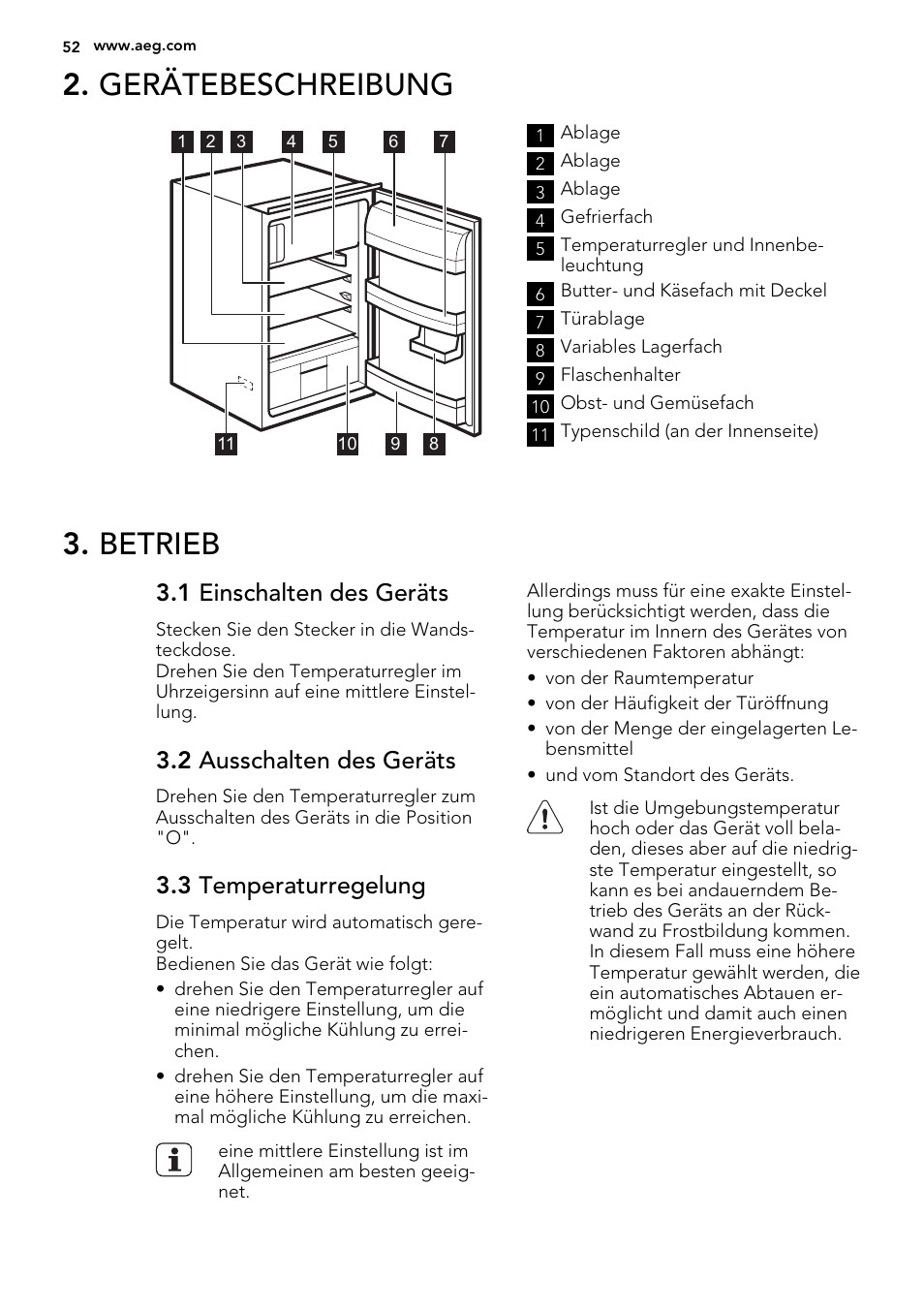 Gerätebeschreibung, Betrieb, 1 einschalten des geräts | 2 ausschalten des geräts, 3 temperaturregelung | AEG SKS58200F0 User Manual | Page 52 / 64