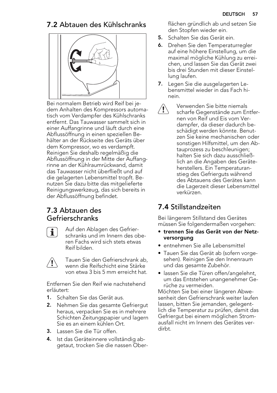 2 abtauen des kühlschranks, 3 abtauen des gefrierschranks, 4 stillstandzeiten | AEG SKS58200F0 User Manual | Page 57 / 64