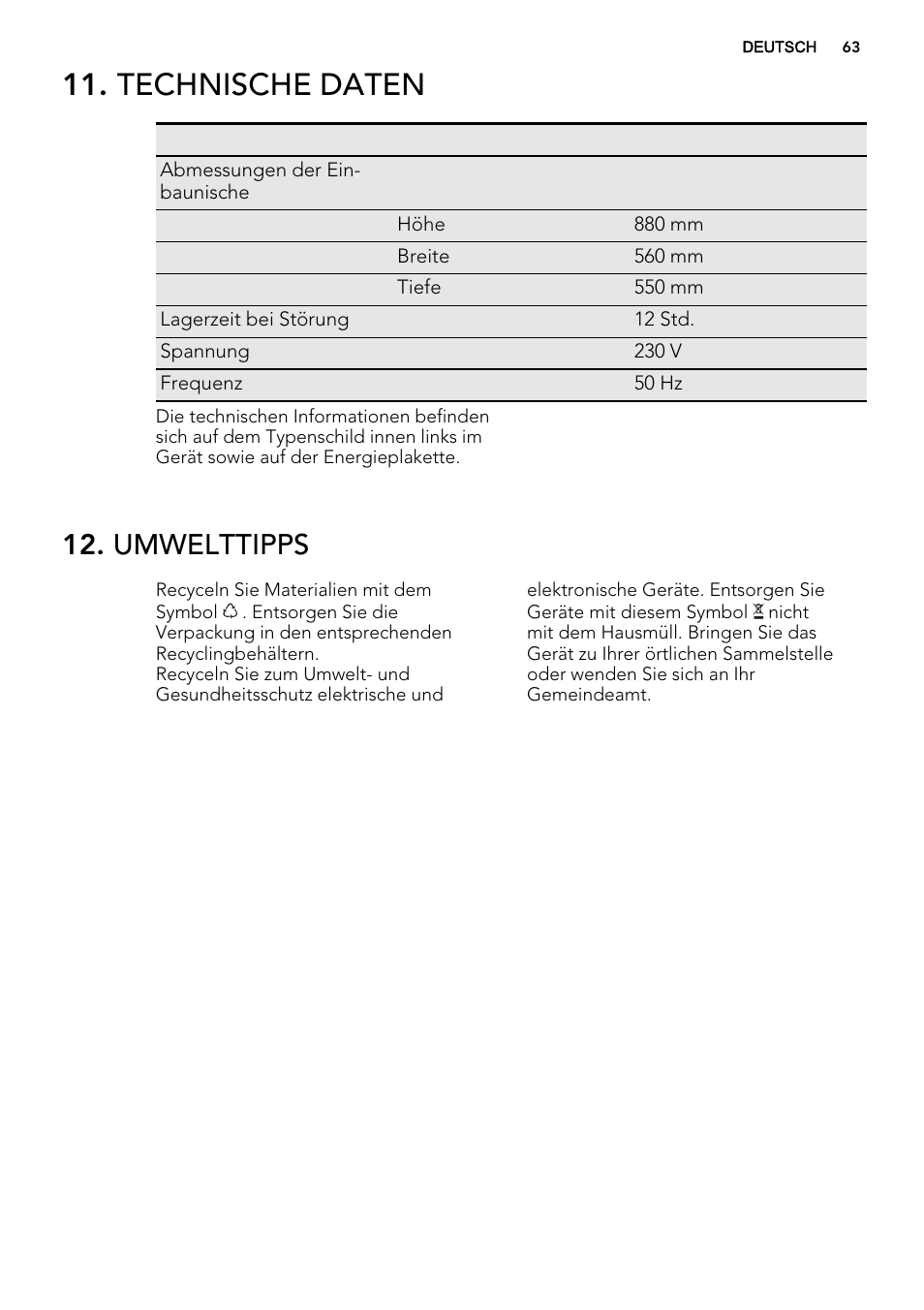 Technische daten, Umwelttipps | AEG SKS58200F0 User Manual | Page 63 / 64