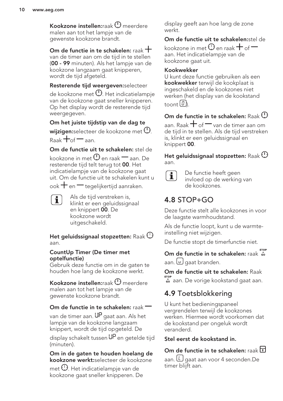 8 stop+go, 9 toetsblokkering | AEG HK854401XB User Manual | Page 10 / 76