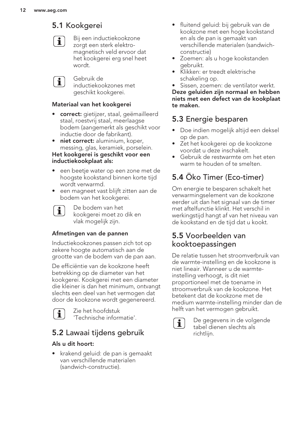 1 kookgerei, 2 lawaai tijdens gebruik, 3 energie besparen | 4 öko timer (eco-timer), 5 voorbeelden van kooktoepassingen | AEG HK854401XB User Manual | Page 12 / 76