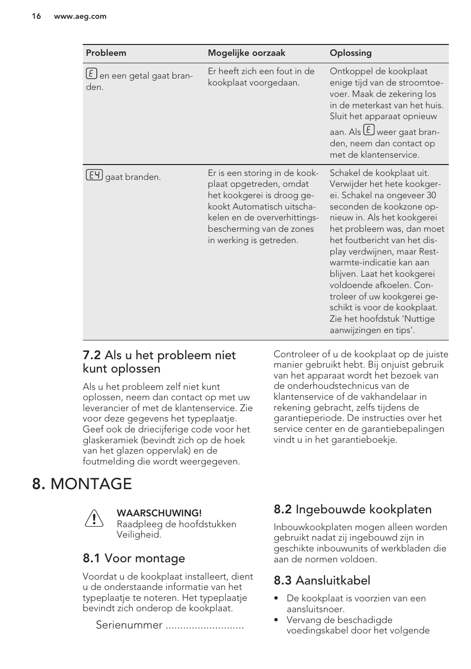 2 als u het probleem niet kunt oplossen, Montage, 1 voor montage | 2 ingebouwde kookplaten, 3 aansluitkabel | AEG HK854401XB User Manual | Page 16 / 76