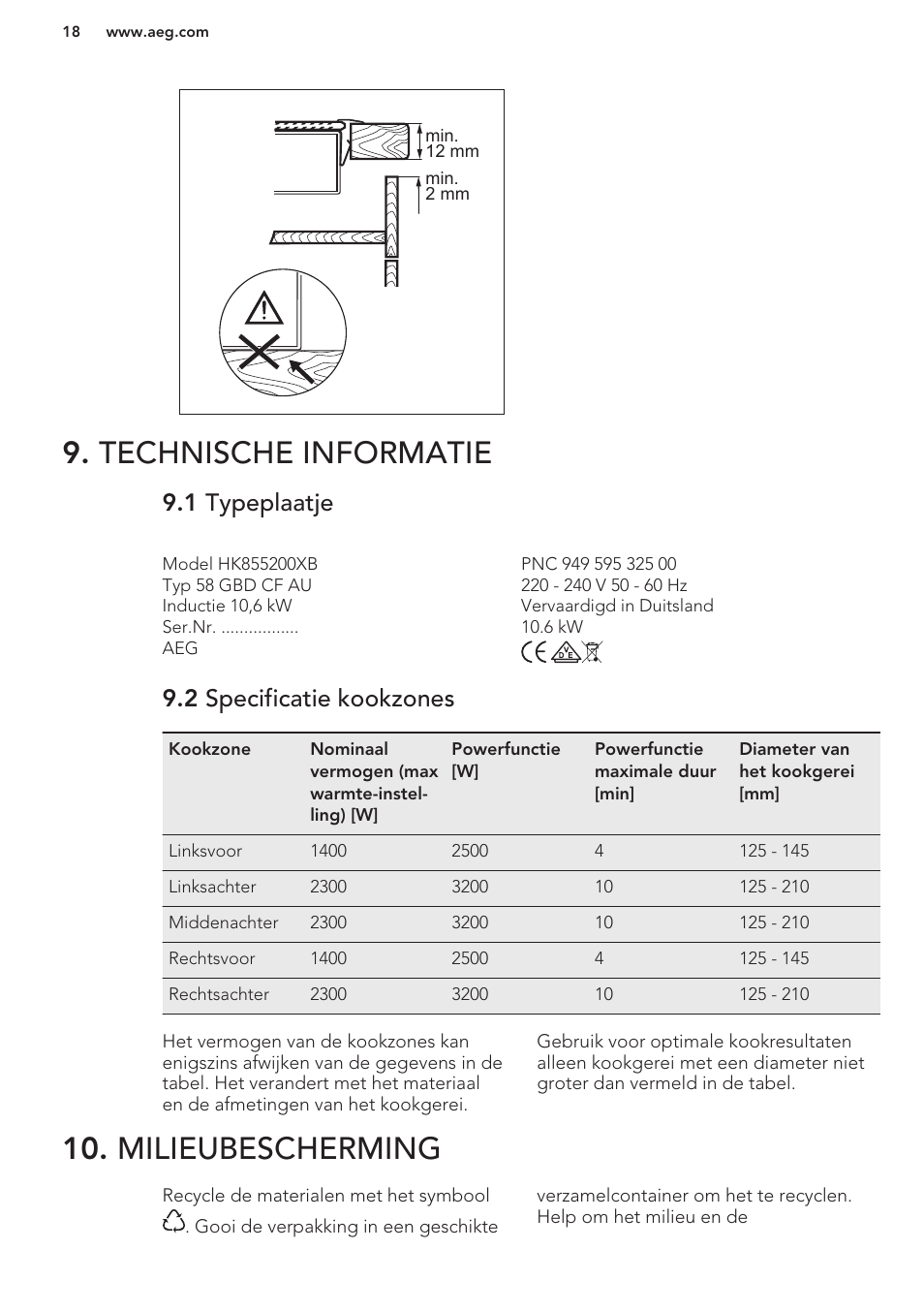 Technische informatie, 1 typeplaatje, 2 specificatie kookzones | Milieubescherming | AEG HK854401XB User Manual | Page 18 / 76
