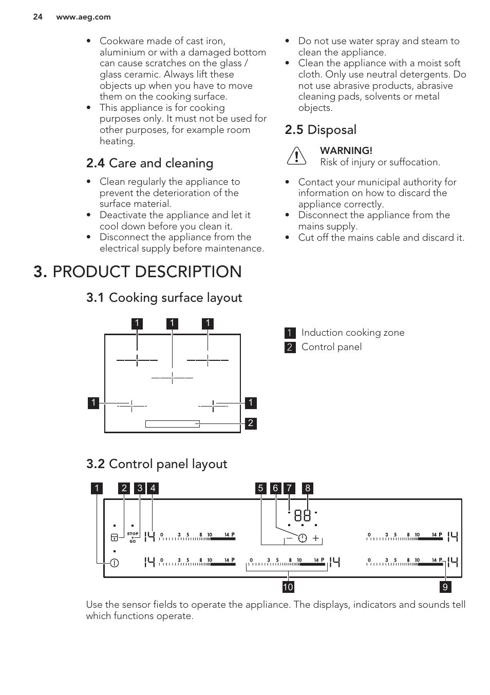 4 care and cleaning, 5 disposal, Product description | 1 cooking surface layout, 2 control panel layout | AEG HK854401XB User Manual | Page 24 / 76