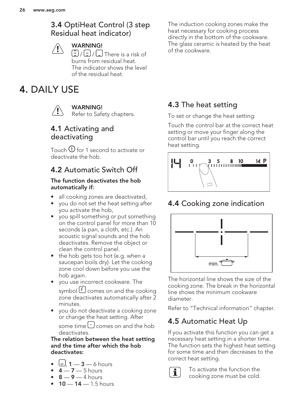 Daily use, 1 activating and deactivating, 2 automatic switch off | 3 the heat setting, 4 cooking zone indication, 5 automatic heat up | AEG HK854401XB User Manual | Page 26 / 76