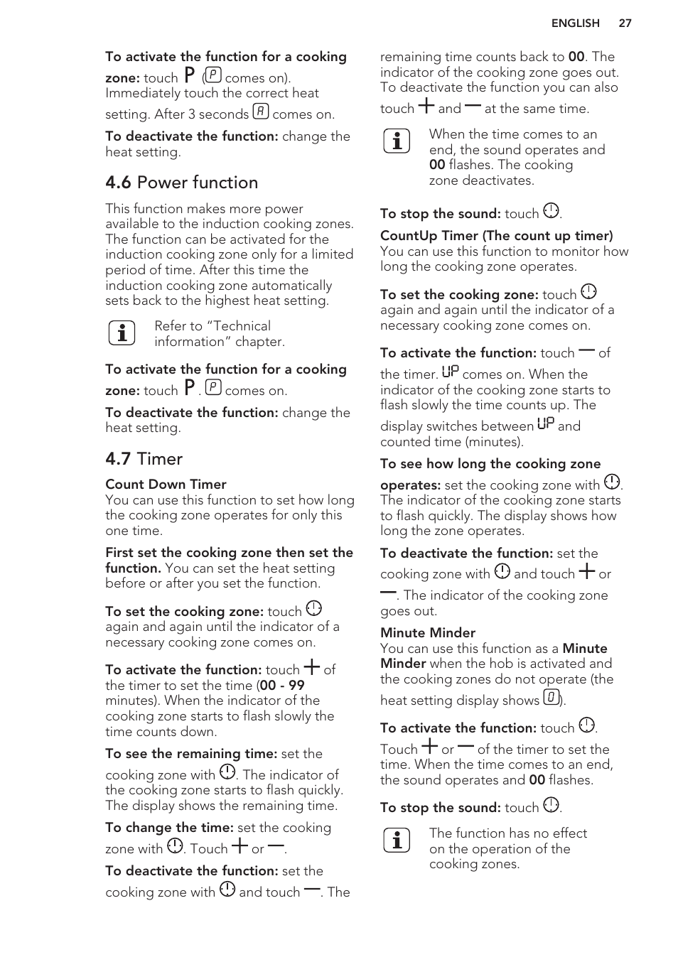 6 power function, 7 timer | AEG HK854401XB User Manual | Page 27 / 76
