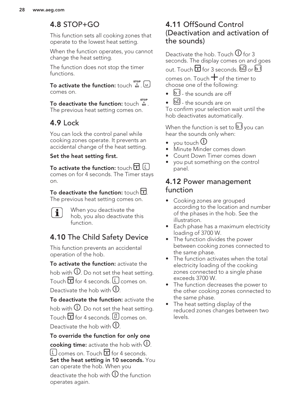 8 stop+go, 9 lock, 10 the child safety device | 12 power management function | AEG HK854401XB User Manual | Page 28 / 76