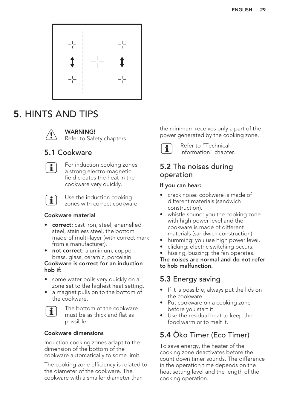 Hints and tips, 1 cookware, 2 the noises during operation | 3 energy saving, 4 öko timer (eco timer) | AEG HK854401XB User Manual | Page 29 / 76