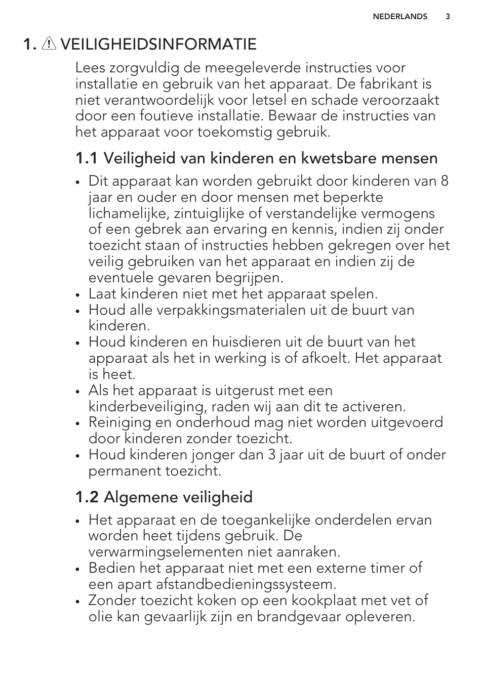 Veiligheidsinformatie, 1 veiligheid van kinderen en kwetsbare mensen, 2 algemene veiligheid | AEG HK854401XB User Manual | Page 3 / 76