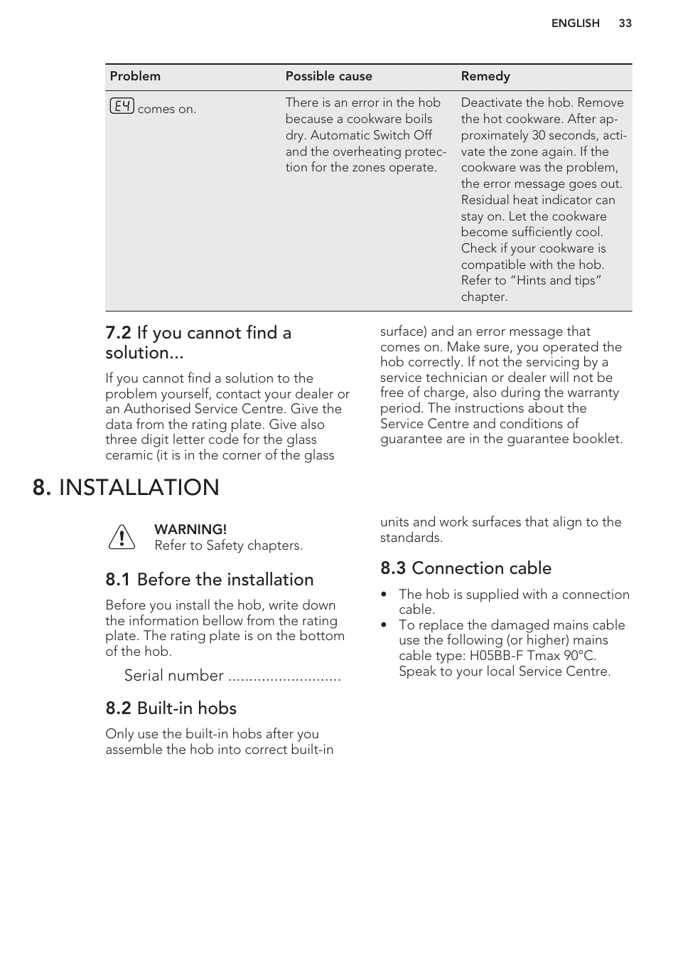 2 if you cannot find a solution, Installation, 1 before the installation | 2 built-in hobs, 3 connection cable | AEG HK854401XB User Manual | Page 33 / 76