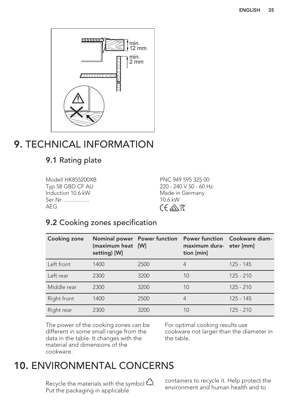 Technical information, 1 rating plate, 2 cooking zones specification | Environmental concerns | AEG HK854401XB User Manual | Page 35 / 76