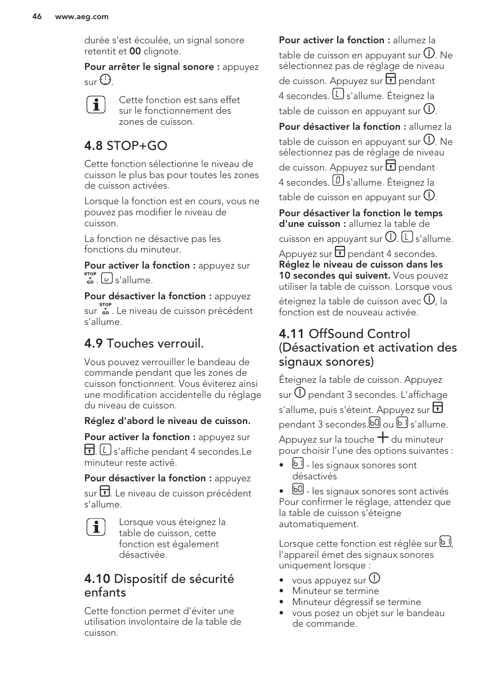 8 stop+go, 9 touches verrouil, 10 dispositif de sécurité enfants | AEG HK854401XB User Manual | Page 46 / 76