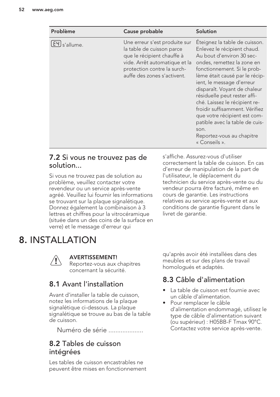 2 si vous ne trouvez pas de solution, Installation, 1 avant l'installation | 2 tables de cuisson intégrées, 3 câble d'alimentation | AEG HK854401XB User Manual | Page 52 / 76