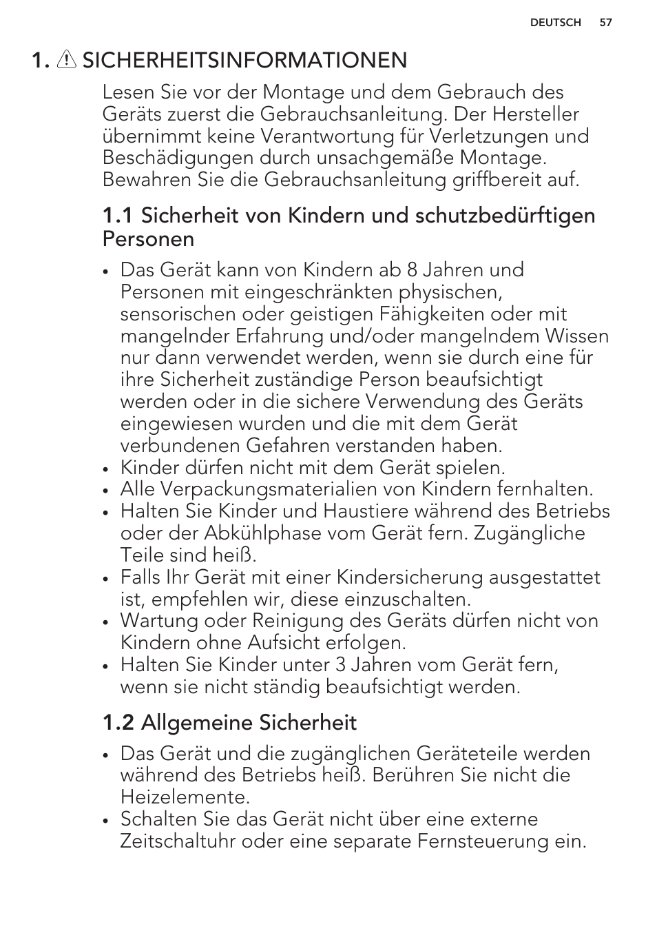 Sicherheitsinformationen, 2 allgemeine sicherheit | AEG HK854401XB User Manual | Page 57 / 76