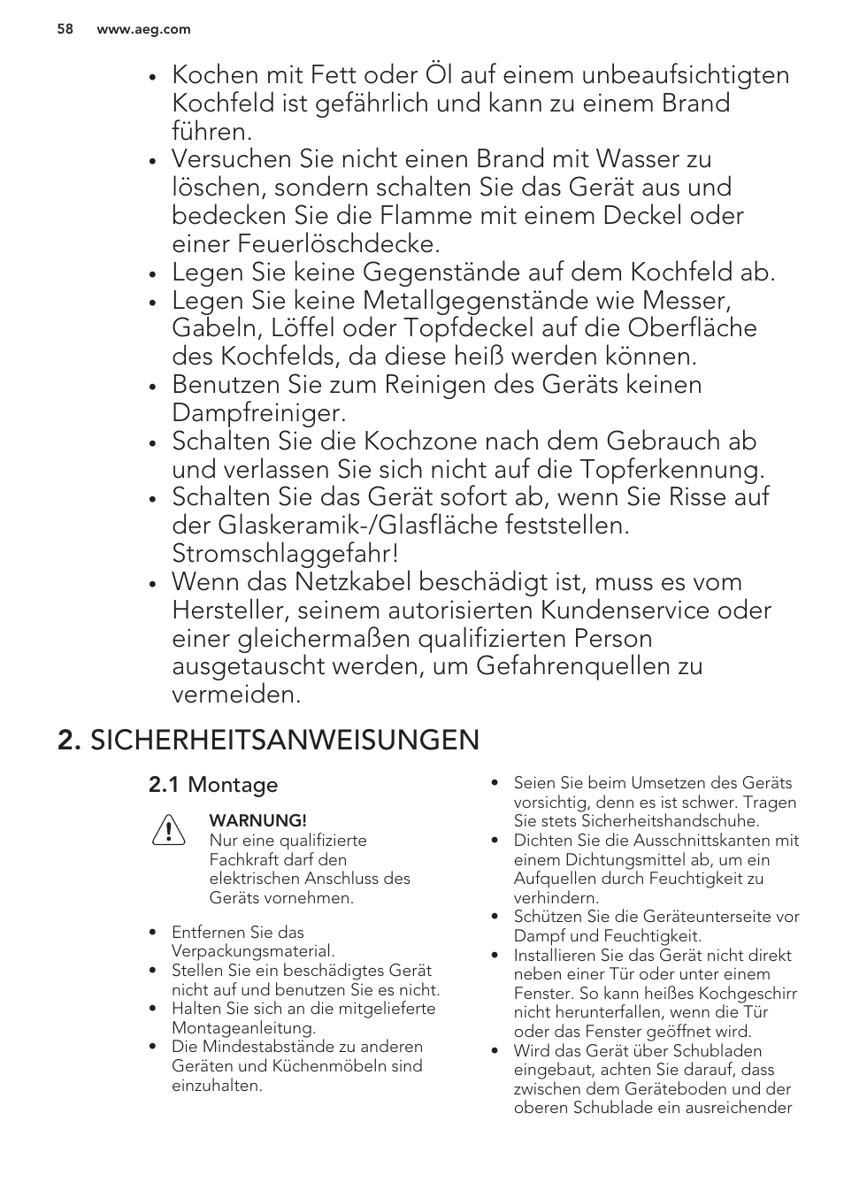 Sicherheitsanweisungen, 1 montage, Legen sie keine gegenstände auf dem kochfeld ab | AEG HK854401XB User Manual | Page 58 / 76