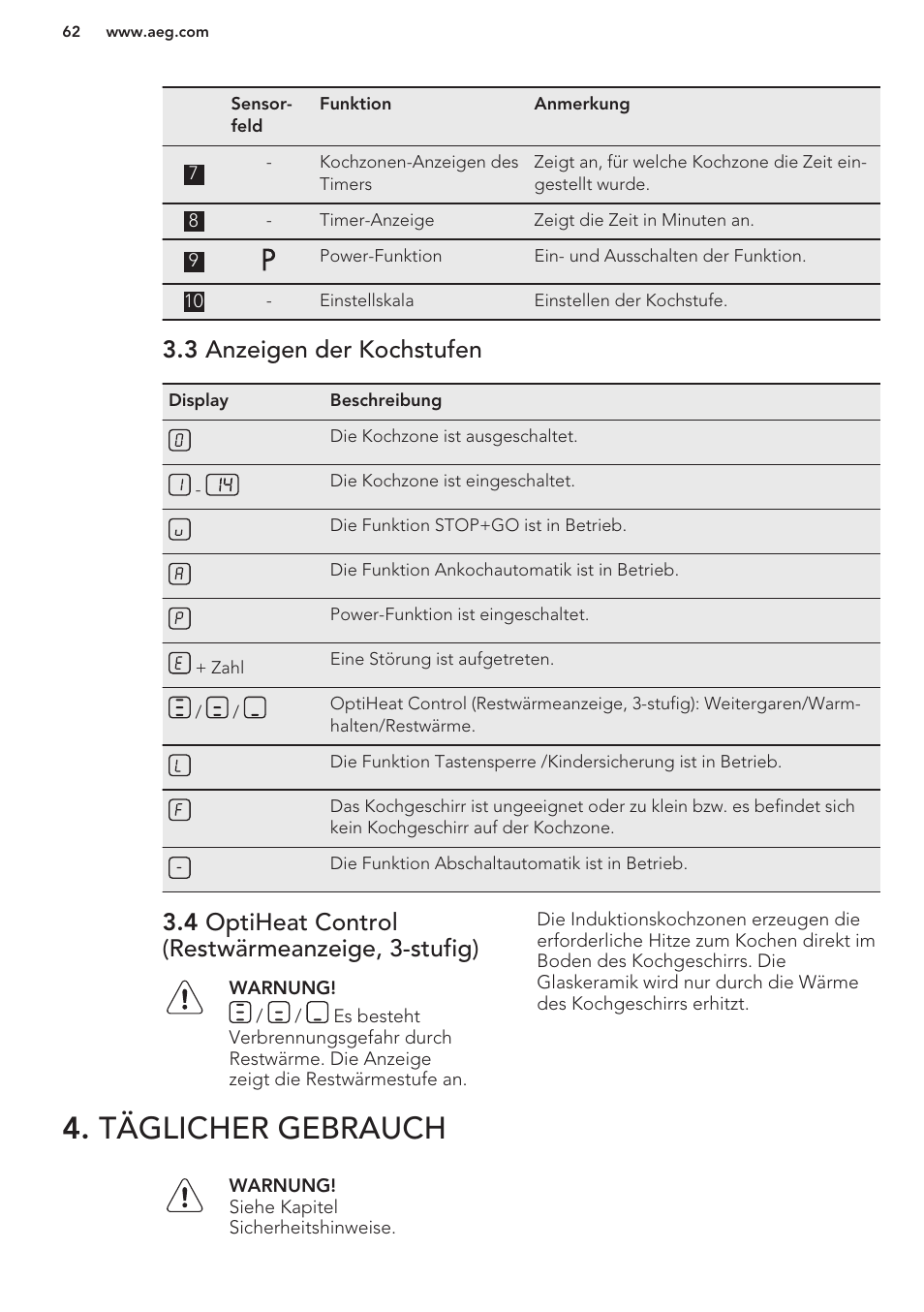 3 anzeigen der kochstufen, 4 optiheat control (restwärmeanzeige, 3-stufig), Täglicher gebrauch | AEG HK854401XB User Manual | Page 62 / 76