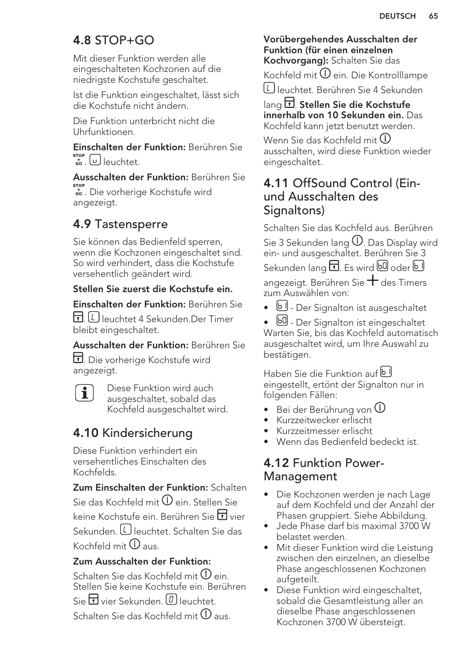 8 stop+go, 9 tastensperre, 10 kindersicherung | 12 funktion power-management, 12 funktion power- management | AEG HK854401XB User Manual | Page 65 / 76