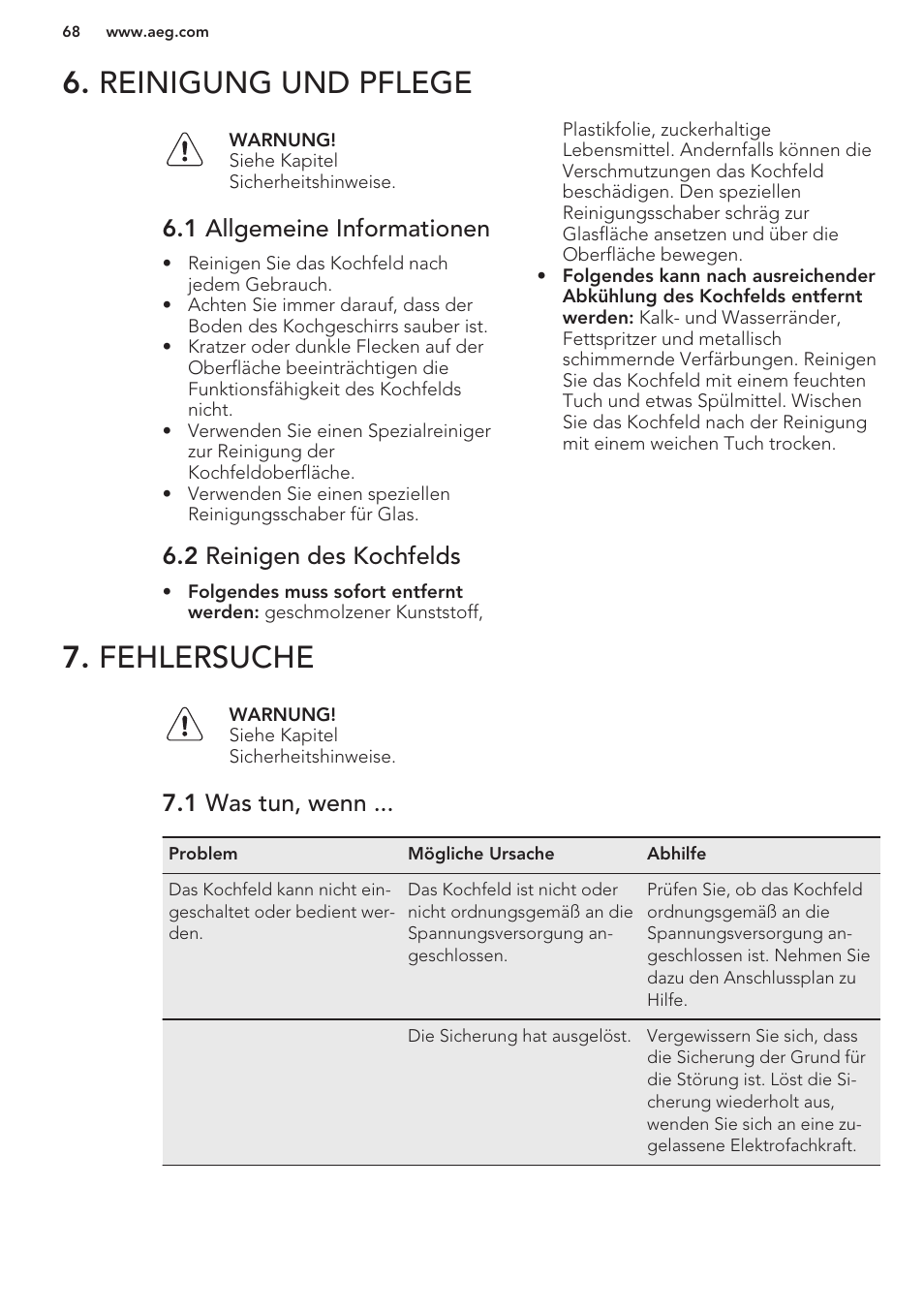Reinigung und pflege, 1 allgemeine informationen, 2 reinigen des kochfelds | Fehlersuche, 1 was tun, wenn, Reinigung und pflege 7. fehlersuche | AEG HK854401XB User Manual | Page 68 / 76