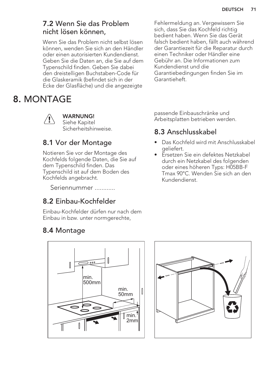 2 wenn sie das problem nicht lösen können, Montage, 1 vor der montage | 2 einbau-kochfelder, 3 anschlusskabel, 4 montage | AEG HK854401XB User Manual | Page 71 / 76