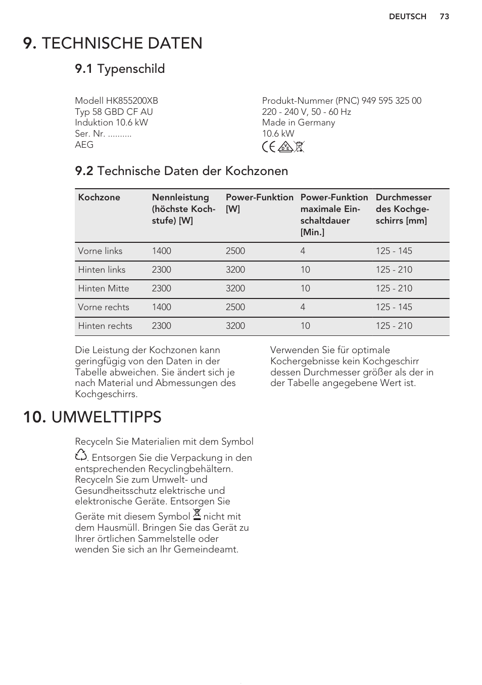 Technische daten, 1 typenschild, 2 technische daten der kochzonen | Umwelttipps | AEG HK854401XB User Manual | Page 73 / 76