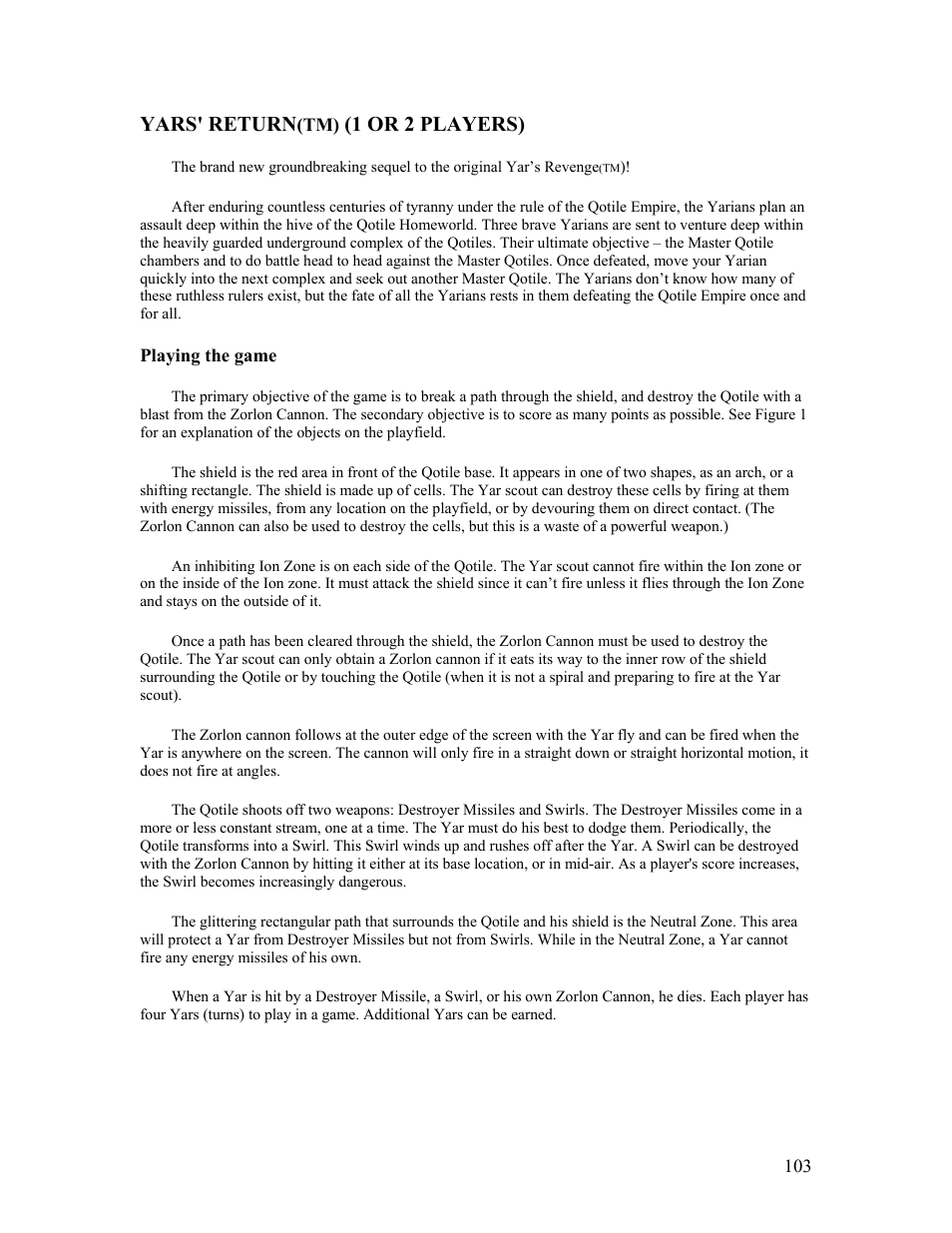 Yars' return, 1 or 2 players) | Atari FLASHBACK2 CX-2600 User Manual | Page 103 / 110