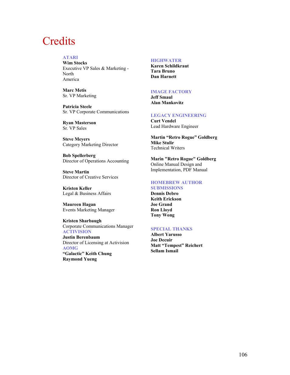 Credits | Atari FLASHBACK2 CX-2600 User Manual | Page 106 / 110