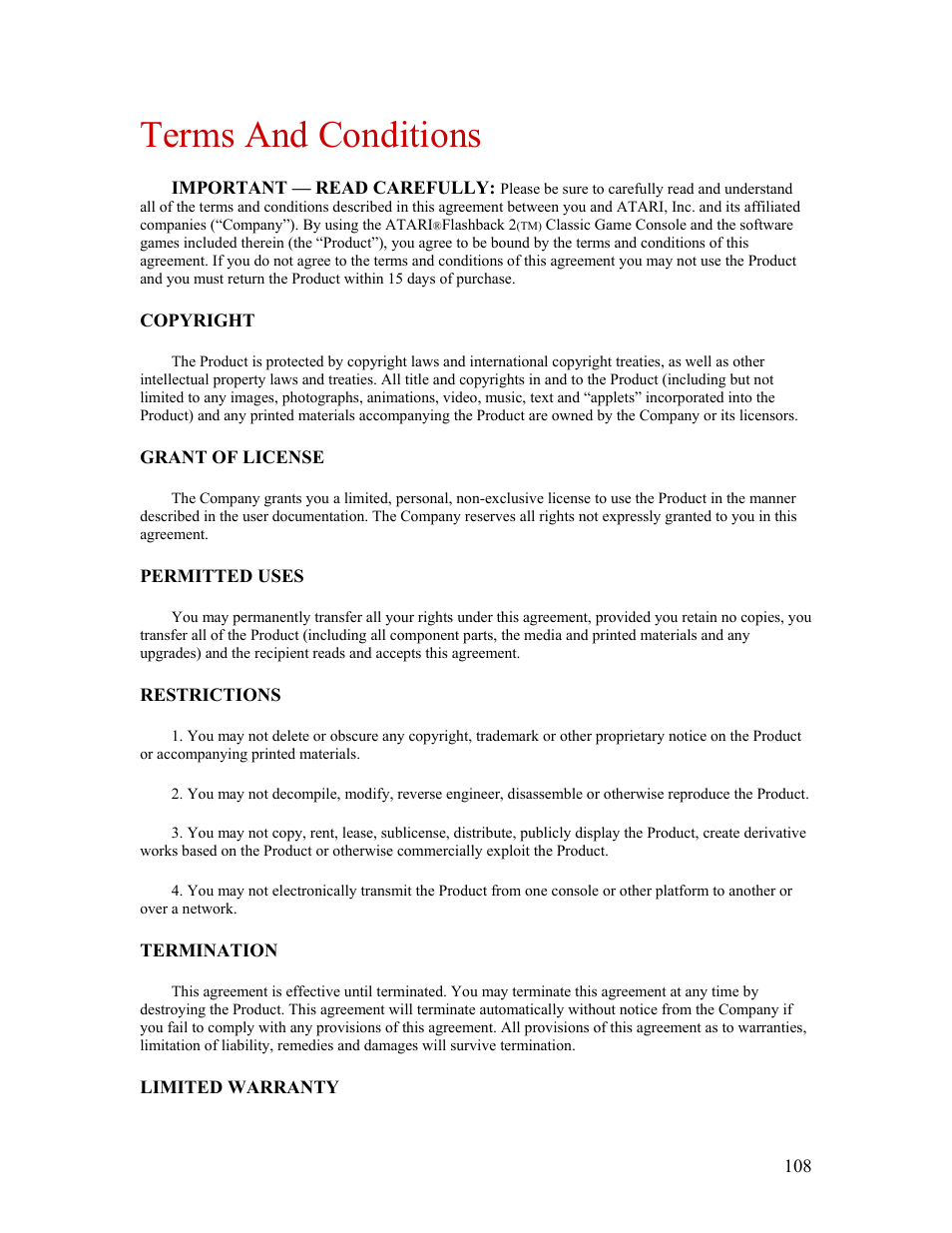 Terms and conditions | Atari FLASHBACK2 CX-2600 User Manual | Page 108 / 110