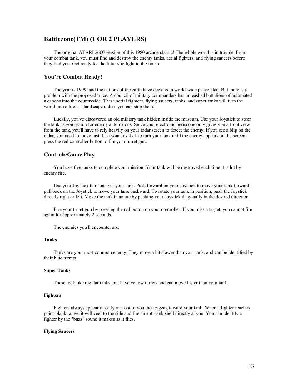 Battlezone(tm) (1 or 2 players) | Atari FLASHBACK2 CX-2600 User Manual | Page 13 / 110