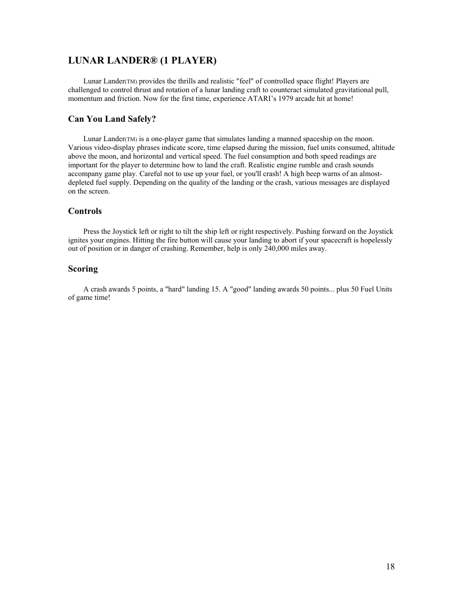 Lunar lander® (1 player) | Atari FLASHBACK2 CX-2600 User Manual | Page 18 / 110