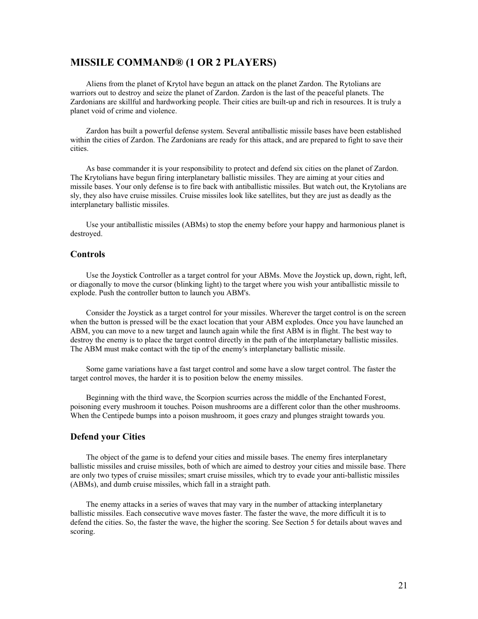 Missile command® (1 or 2 players) | Atari FLASHBACK2 CX-2600 User Manual | Page 21 / 110