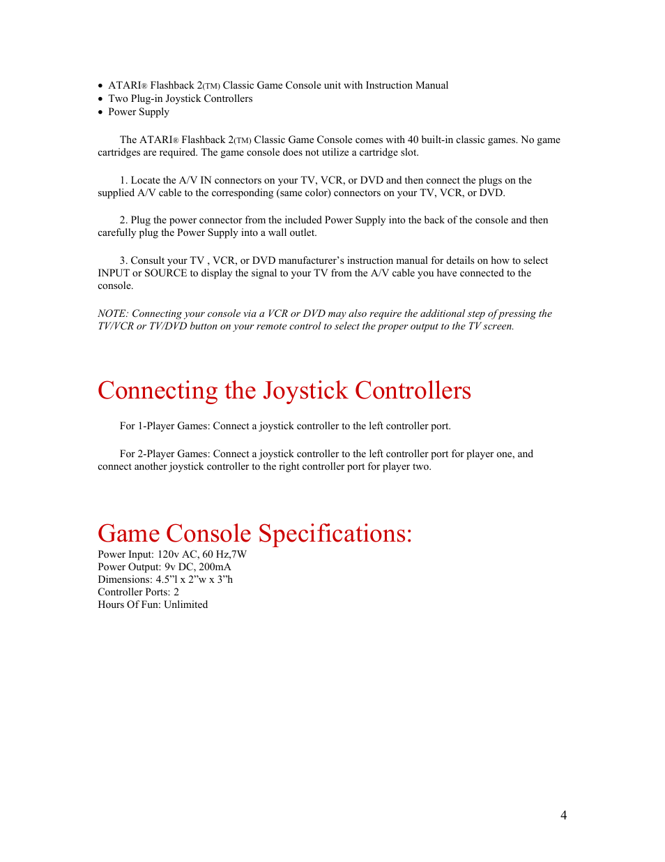 Connecting the joystick controllers, Game console specifications | Atari FLASHBACK2 CX-2600 User Manual | Page 4 / 110