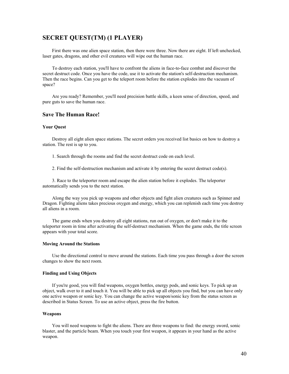 Secret quest(tm) (1 player) | Atari FLASHBACK2 CX-2600 User Manual | Page 40 / 110