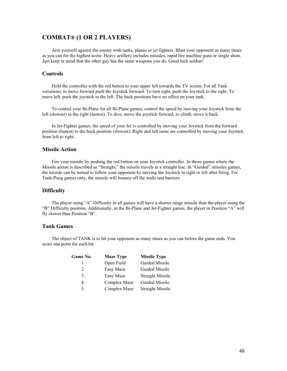 Combat, 1 or 2 players) | Atari FLASHBACK2 CX-2600 User Manual | Page 48 / 110