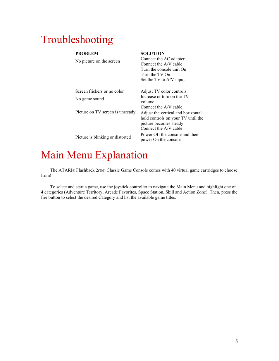 Troubleshooting, Main menu explanation | Atari FLASHBACK2 CX-2600 User Manual | Page 5 / 110