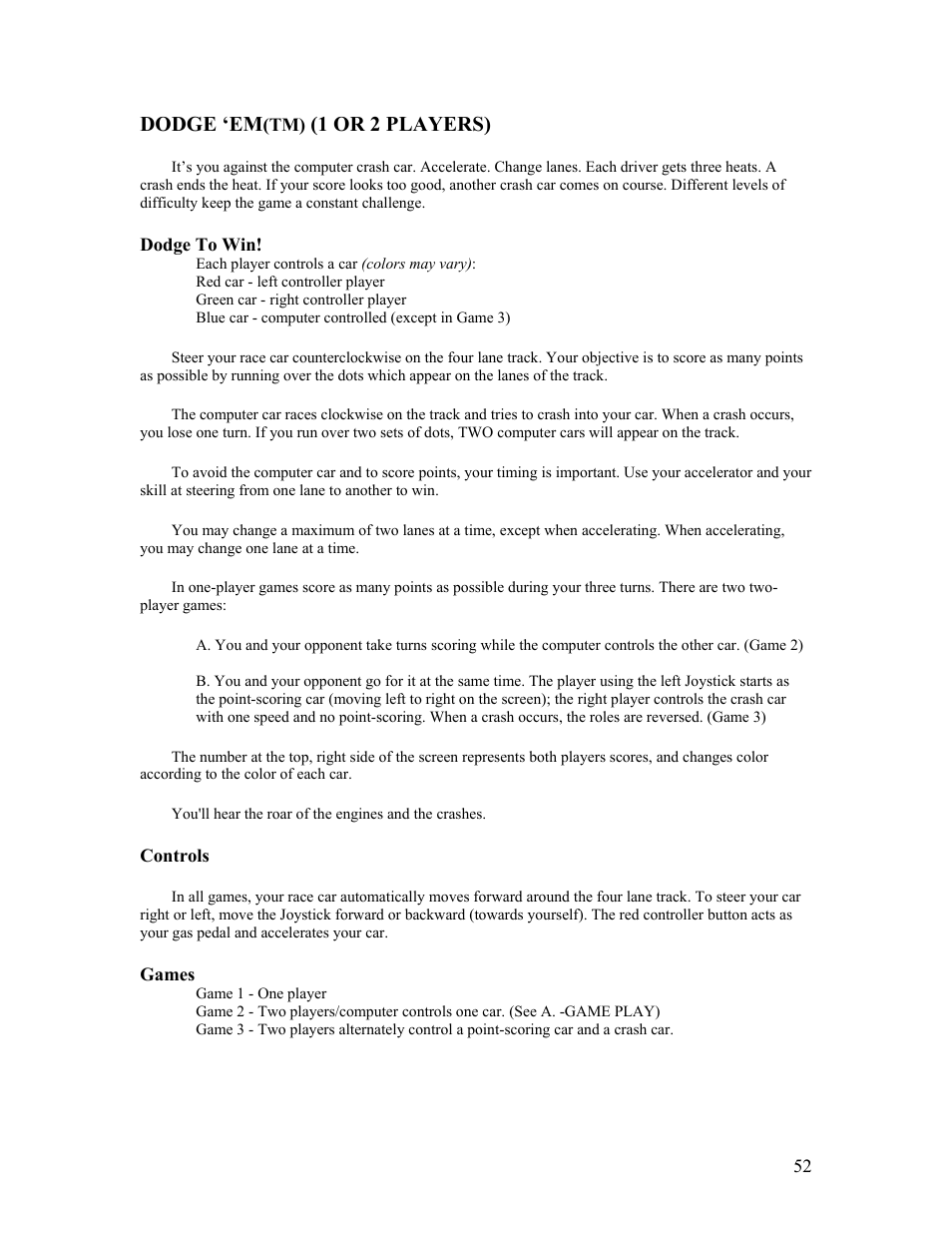 Dodge ‘em, 1 or 2 players) | Atari FLASHBACK2 CX-2600 User Manual | Page 52 / 110