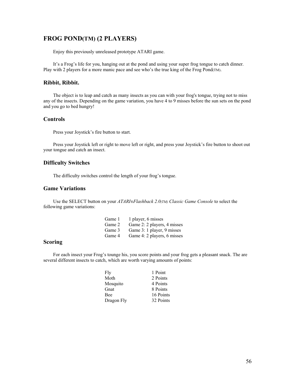 Frog pond, 2 players) | Atari FLASHBACK2 CX-2600 User Manual | Page 56 / 110