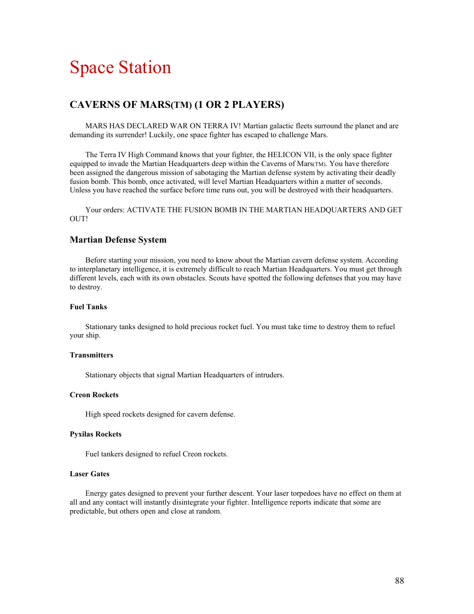 Space station, Caverns of mars, 1 or 2 players) | Atari FLASHBACK2 CX-2600 User Manual | Page 88 / 110