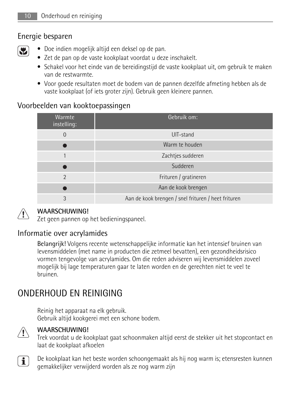 Onderhoud en reiniging, Energie besparen, Voorbeelden van kooktoepassingen | Informatie over acrylamides | AEG HE604000H User Manual | Page 10 / 52