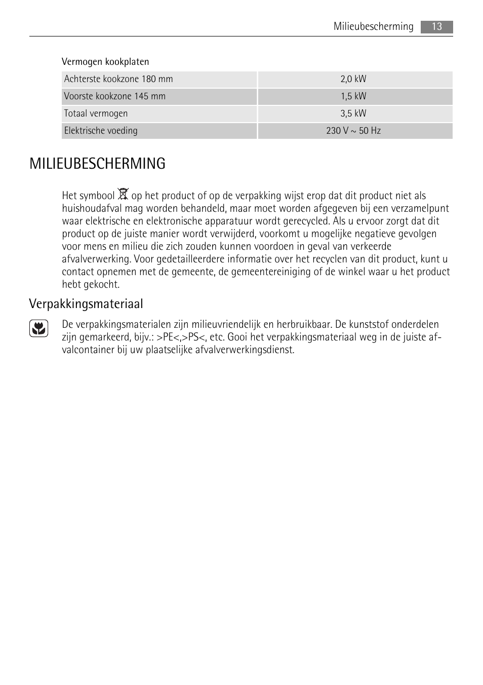 Milieubescherming, Verpakkingsmateriaal | AEG HE604000H User Manual | Page 13 / 52