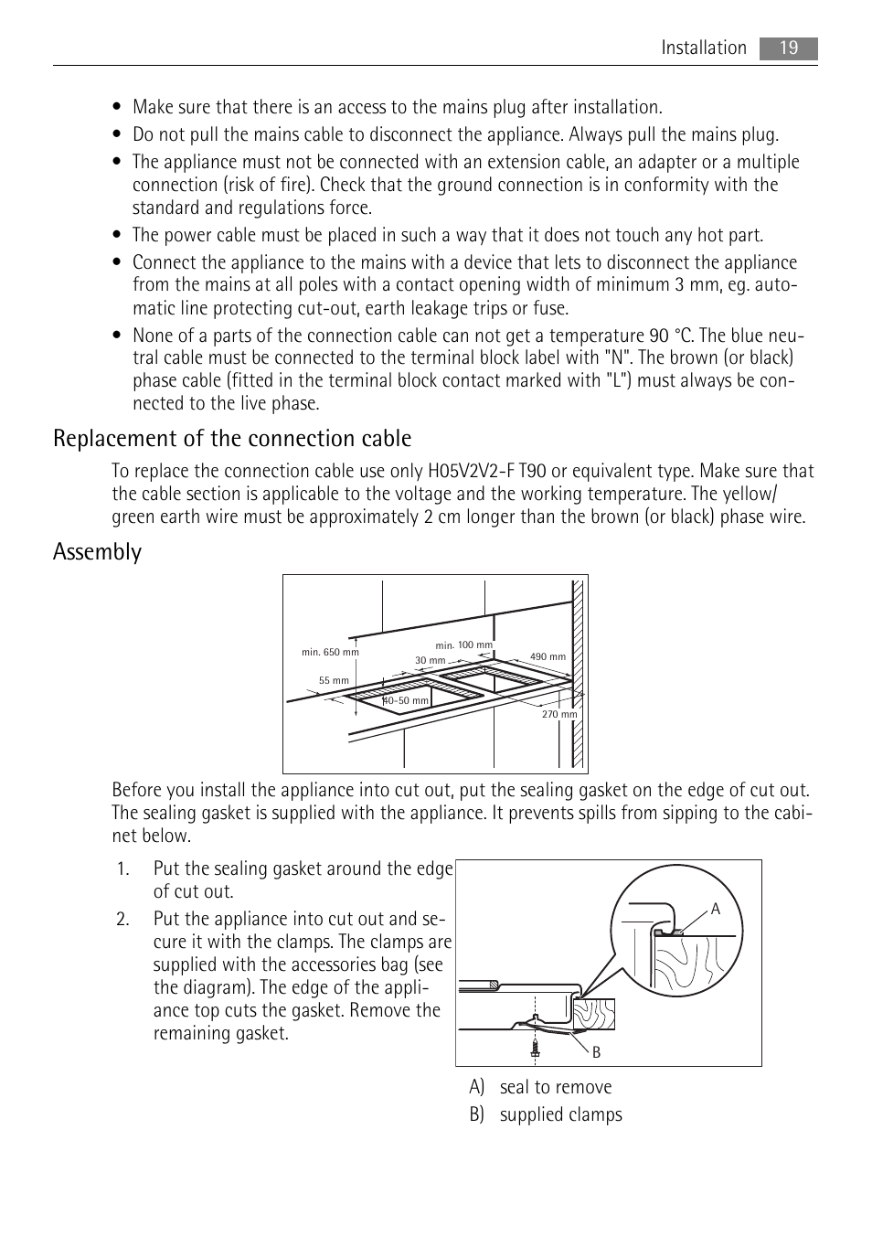 Replacement of the connection cable, Assembly | AEG HE604000H User Manual | Page 19 / 52